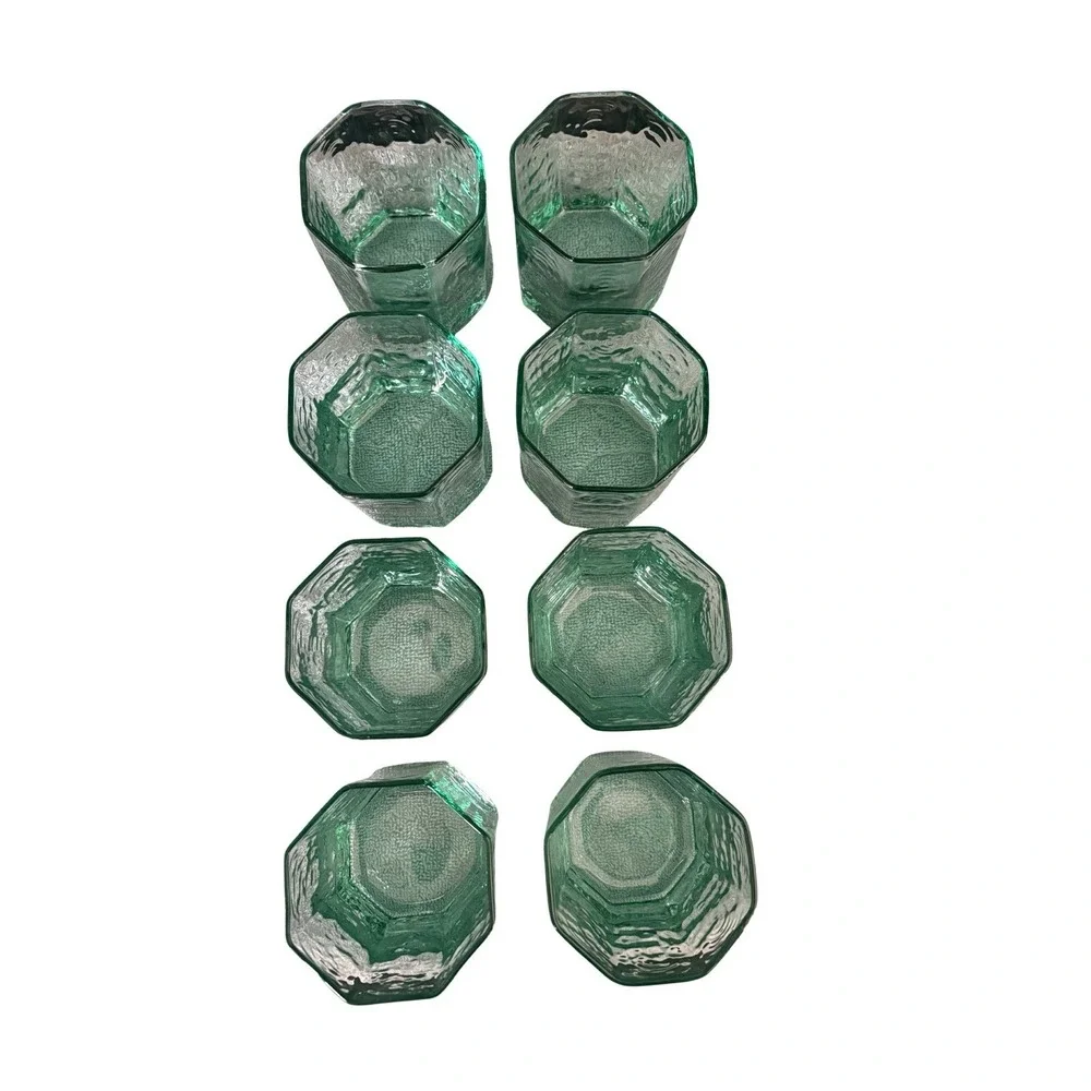 Vintage Libby Facets Green Hexagonal Old Fashion /  Rocks Glassware (Sets Of‎ 2)